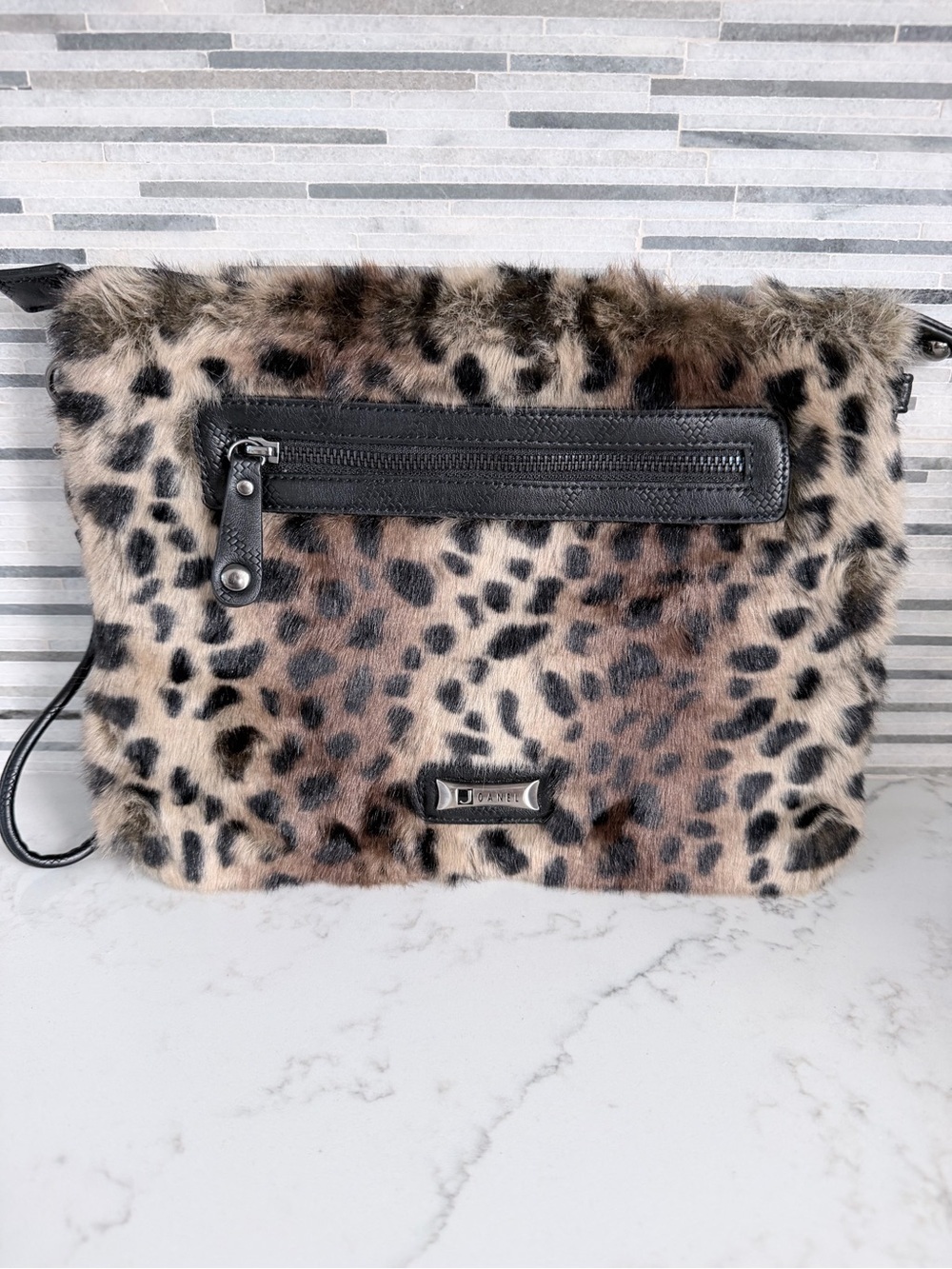 Vintage Joanel Leopard Print Faux Fur Crossbody Clutch - Black Trim